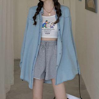 Long-sleeve Denim Shirt / Spaghetti Strap Printed Top / Sweatshorts