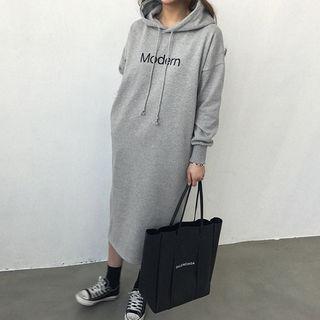 Lettering Brushed-fleece Lined Long Hoodie Dress