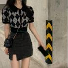 Short-sleeve Argyle Button-up Knit Top / Denim Mini Skirt