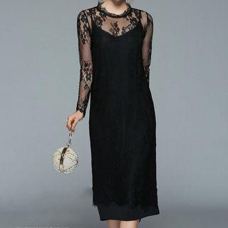 Set: Long-sleeve Lace Dress + Spaghetti Strap Midi Dress