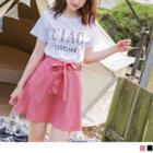 Tie-waist Plain Mini A-line Skirt