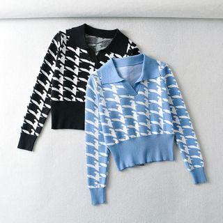 Houndstooth Print Long Sleeve Sweater