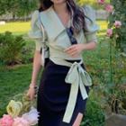 Puff-sleeve Tie-waist Cropped Blouse / Asymmetrical Hem Midi Skirt