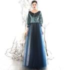 3/4-sleeve Embroidered Velvet A-line Evening Gown