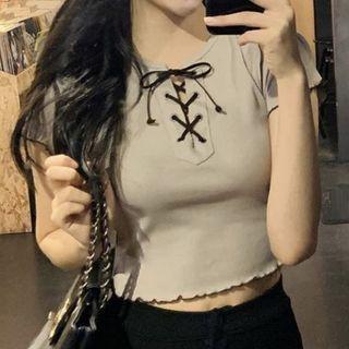 Wood Ear Trim Strap Cropped T-shirt Khaki - One Size