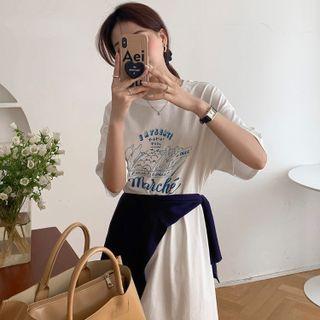 Set: Short-sleeve Lettering Midi T-shirt Dress + Cape White - One Size