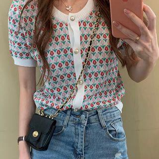 Short-sleeve Floral Cardigan Red Floral - White - One Size