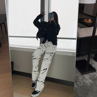High-waist Embroider Striped Straight-cut Jeans