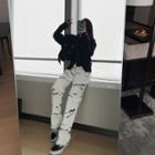 High-waist Embroider Striped Straight-cut Jeans