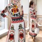 3/4-sleeve Patterned Pleated A-line Midi Dress