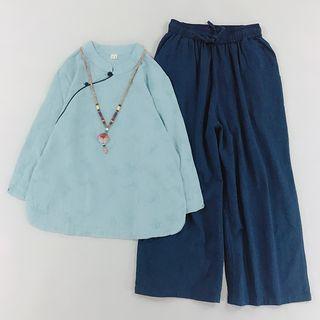 Frog-button Long-sleeve Hanfu Top / Elastic Waist Wide-leg Pants