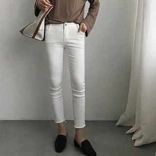Fray-hem Zip-front Skinny Pants