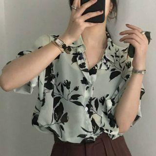 Short-sleeve Floral Chiffon Open-collar Shirt Light Green - One Size