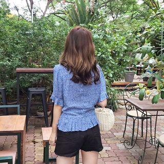 Frilled-detail Floral Print Blouse Blue - One Size