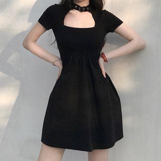 Short-sleeve Buckled A-line Mini Dress