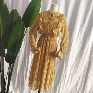 Floral Print Long-sleeve Ruffle Midi Chiffon Dress
