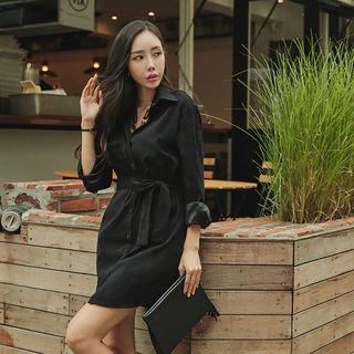 Pocket-front Mini Shirtdress With Sash