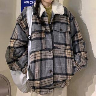 Fleece-lined Plaid Single-breasted Jacket As Shown In Figure - One Size