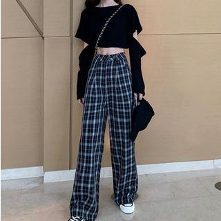 Cut-out Long Sleeve Cropped Top / Plaid Wide Leg Pants