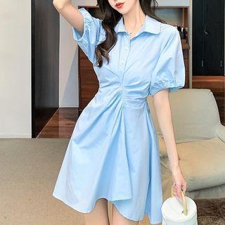 Puff-sleeve Plain Ruched Dress