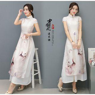 Print Cap-sleeve Mandarin Collar A-line Dress