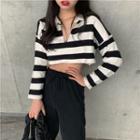 Polo-neck Striped Cropped Sweater