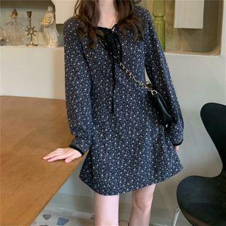 Long-sleeve Floral Print Mini Dress Navy Blue - One Size