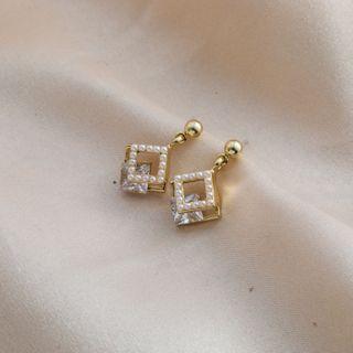 Square Faux Pearl Rhinestone Dangle Earring 1 Pair - E2030-3 - Gold - One Size