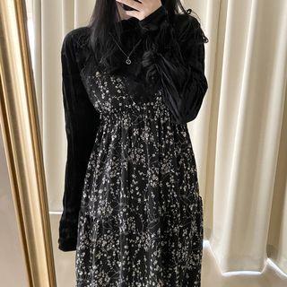 Floral Print Midi A-line Overall Dress / Long-sleeve Top
