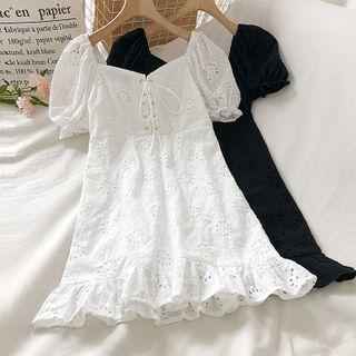 Plain Lace Up Puff-sleeve A-line Skirt
