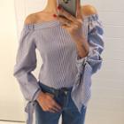 Long-sleeve Pinstriped Off Shoulder Top