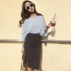 Set: 3/4-sleeve T-shirt + Slit Polka Dot Pencil Skirt