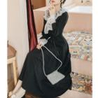 Bell-sleeve Lace Trim Maxi A-line Dress