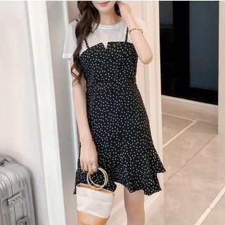 Set: Short-sleeve T-shirt + Dotted Spaghetti-strap Dress