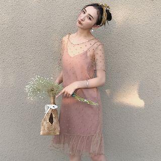 Set: Short-sleeve Sheer Dress + Slipdress