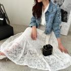 Faux-pearl Trim Denim Cropped Jacket Blue - One Size