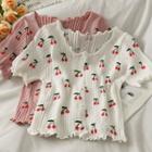 Cherry-print Button-up Crop T-shirt