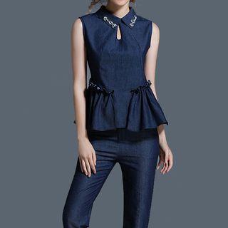 Set: Embroidered Collared Denim Tank Top + Boot Cut Jeans