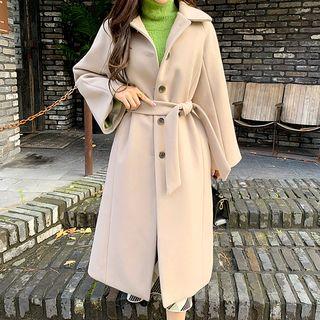 Single-breasted Raglan Long Coat With Sash