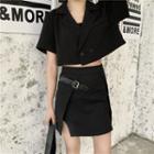 Short-sleeve Double-breasted Cropped Shirt / Buckled A-line Skirt