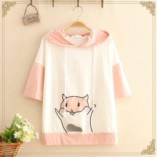 Hamster Print Color-block Short-sleeve Hoodie