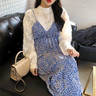 Long-sleeve Blouse / Spaghetti Strap Heart Pattern Midi A-line Dress