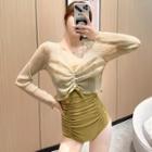 Set: Spaghetti Strap Shirred Swimsuit + Long-sleeve Cover-up Top