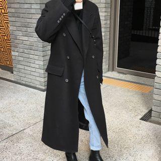 Peak Collar Double-buttoned Woolen Coat Black - One Size