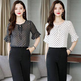 Set: Bell-sleeve Dotted Top + Wide Leg Pants