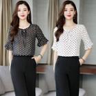 Set: Bell-sleeve Dotted Top + Wide Leg Pants