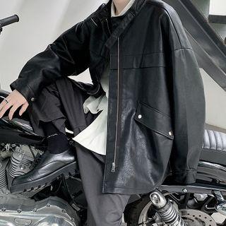 Belted-neck Oversize Faux-leather Jacket