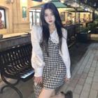 Long-sleeve Collar Plaid Panel Mini A-line Dress