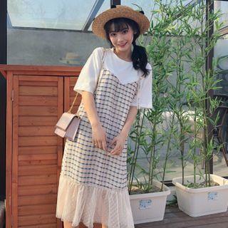 Mock Two-piece Elbow-sleeve Plaid Dress Dark Blue - One Size
