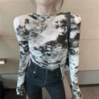 Long-sleeve Print Ruched Top As Shown In Figure - One Size